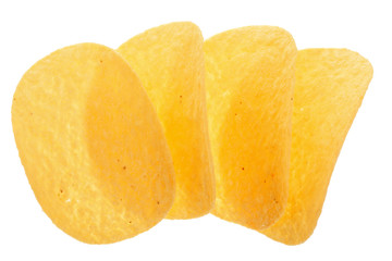potato chips on white background close-up. Top view. Flat lay