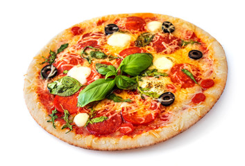 Hot Pepperoni Pizza isolated on white background. Pizza with mozzarella cheese, Basil leaf and tomato sauce, top view.