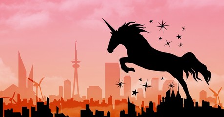 Unicorn silhouette jumping over city with stars