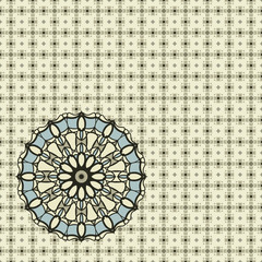 floral color round symmetrical mandala on background, background is vector seamless from abstract forms in gold tones 