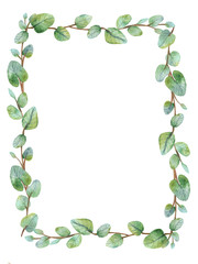 Watercolor green floral frame card with silver dollar eucalyptus round leaves.
