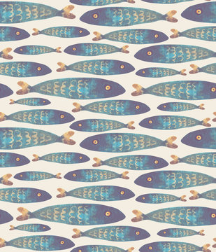 Fototapeta Seamless pattern with hand painted green fishes. Colorful watercolor background for fabric, wallpapers, gift wrapping paper, scrapbooking.