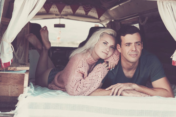 living the vanlife for caucasian beautifl couple