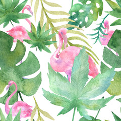 Watercolor tropic drawing, rose bird and greenery palm tree, tropic green texture, exotic flower.