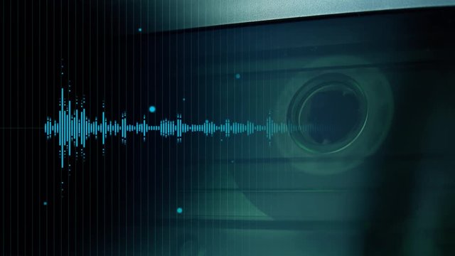Audio cassette vintage player with sound waveform overlaying. Retro technology concept for 1970s, 80s and 90s.