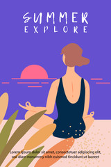 Woman practices yoga and meditates in the lotus position on sunset beach background. Summer nature explore concept, vector illustrate design.
