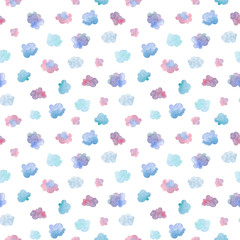 Seamless pattern with hand painted clouds in the sky. Colorful watercolor background for fabric, wallpapers, gift wrapping paper, scrapbooking. Isolated on white.