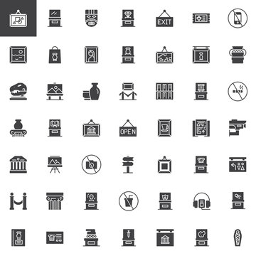 Museum vector icons set, modern solid symbol collection, filled style pictogram pack. Signs, logo illustration. Set includes icons as Mask, Diamond, Painting, Vase, Dinosaur, Picture, Glass showcase