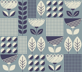 seamless pattern with flowers and leaves in retro scandinavian style - 201998464