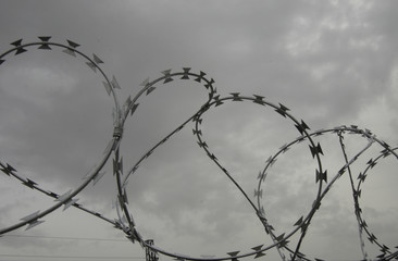 Razor wire fence contrasted with cloudy gray sky