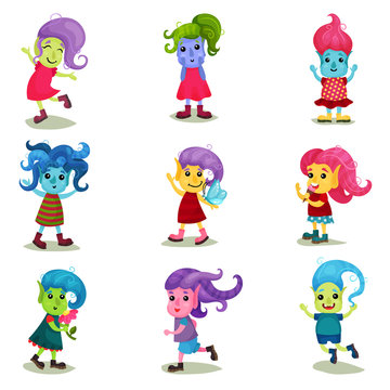 Cute troll characters set, happy creatures with different colors of skin and hair vector Illustrations on a white background