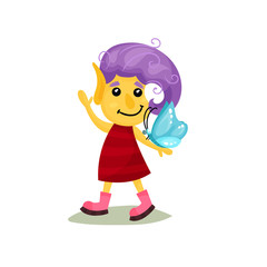 Cute smiling happy girl troll with purple hair and yellow skin, funny fairy tale character vector Illustrations on a white background