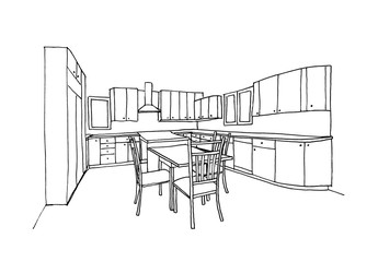 Graphical sketch of an interior kitchen, liner