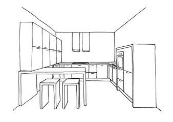 Graphical sketch of an interior kitchen, liner