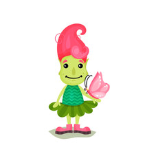 Lovely happy girl troll with pink hair and green skin, funny fairy tale character vector Illustrations on a white background