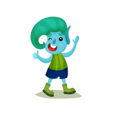 Cute smiling boy troll with turquoise hair and blue skin, funny fairy tale character vector Illustrations on a white background