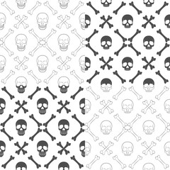 Set of seamless patterns with skull and bones. Vector black and white backgrounds.