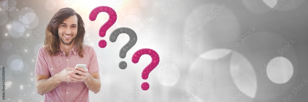 Poster man thinking with thatched question marks