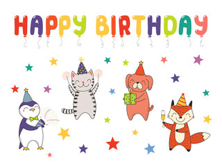 Hand drawn Happy Birthday greeting card, banner template with cute funny cartoon animals celebrating, typography. Isolated objects on white background. Vector illustration. Design concept for party.