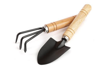 garden tools isolated on white background closeup