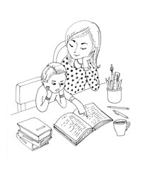 Mother teaching her little son. Home education