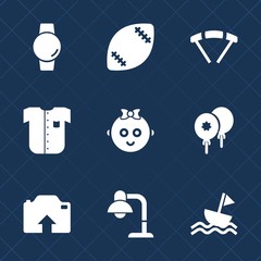 Premium set with fill icons. Such as goal, technology, upload, yacht, child, home, stadium, parachute, device, sky, watch, photo, ball, time, touch, birthday, smart, white, parachuting, action, air