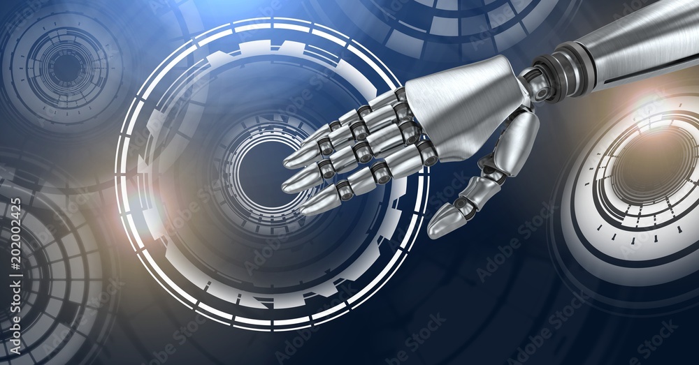 Poster robotic android hand and glowing circle technology interface