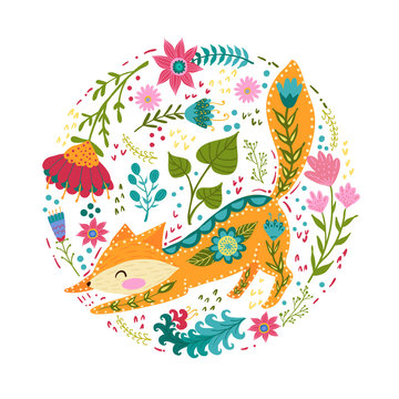 Folk set vector colorful illustration with beautiful fox and flowers. Scandinavian style.