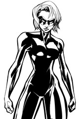 Line art illustration of powerful superheroine ready for battle.