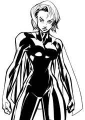 Line art illustration of powerful superheroine ready for battle.