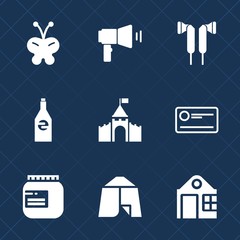 Premium set with fill icons. Such as sound, building, earphone, speaker, animal, communication, white, beverage, castle, house, payment, blue, insect, megaphone, beautiful, cheque, stereo, message