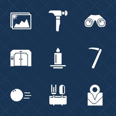 Premium set with fill icons. Such as sport, collection, down, tool, bowling, elevator, ball, photography, lift, blank, spanner, travel, frame, building, flame, fire, paper, dinner, construction, light