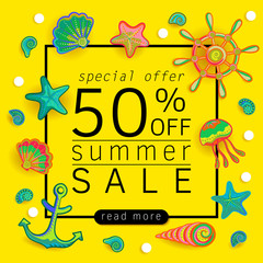 Summer Sale banner with pieces of marine items bright design. Vector eps 10 format