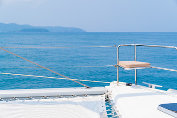 Obraz premium Luxury seat sea view in yacht on blue sky sunset light background.