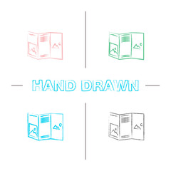 Folded brochure mockup hand drawn icons set