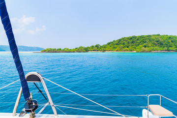 Fototapeta na wymiar Luxury seat sea view in yacht on blue sky sunset light background.
