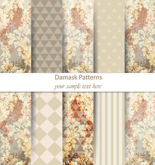 Damask patterns set collection Vector. Classic ornament various colors with abstract background textures. Vintage decors. Trendy color fabric texture