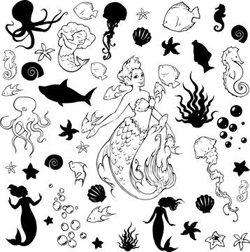 Collection of diverse sea creatures, fish, octopus, jelly fish, starfish and cute silhouette beautiful elegant mermaid with long hair