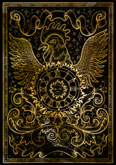Rooster symbol with clock, sun, baroque decorations and vignette ribbons on black texture background. Fantasy engraved illustration. Zodiac animals of eastern calendar, mysterious concept