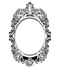 Vintage round frame with rose flowers decor Vector. Antique ornamented mirror accessory. Intricated decorations