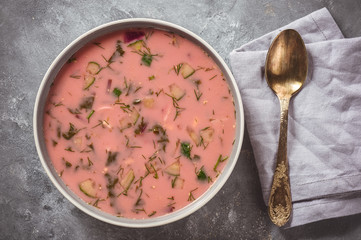 Summer beetroot soup with eggs, cucumbers and cream.
