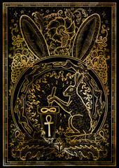 Rabbit symbol on black texture background. Hair with mortar and pestel, baroque and floral decorations in fire circle. Fantasy engraved illustration. Zodiac animals of eastern calendar