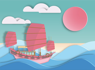 Fototapeta premium china boat floating on beautiful sea background paper cut style .candy color vector style.