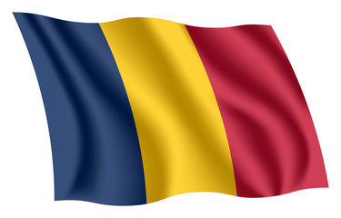 Chad flag. Isolated national flag of Chad. Waving flag of the Republic of Chad. Fluttering textile chadian flag.