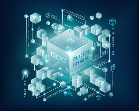 Blockchain epic blue with connected cube block link to chain background, fintech icon, proof of work , cloud computing, blockchain,  Ledger, mining pool.