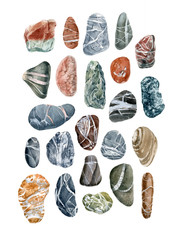 sea stones watercolor hand drawn detailed illustration, stones set can be used as print, postcard, invitation, element design, textile, packaging, stickers.