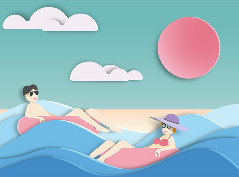 men and girl floating on  beautiful sea background  paper cut style .candy color vector style.