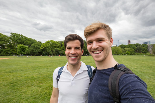Two young friends taking selfie in Central Park