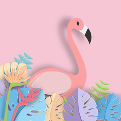 Tropical leaf and Flamingo Summer Banner,Paper art graphic Background