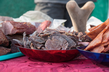 Tasty maral or deer meat in the form of chips in the market